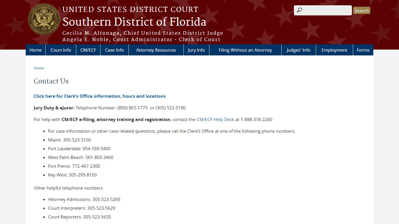 Contact Us | Southern District of Florida | United States District Court